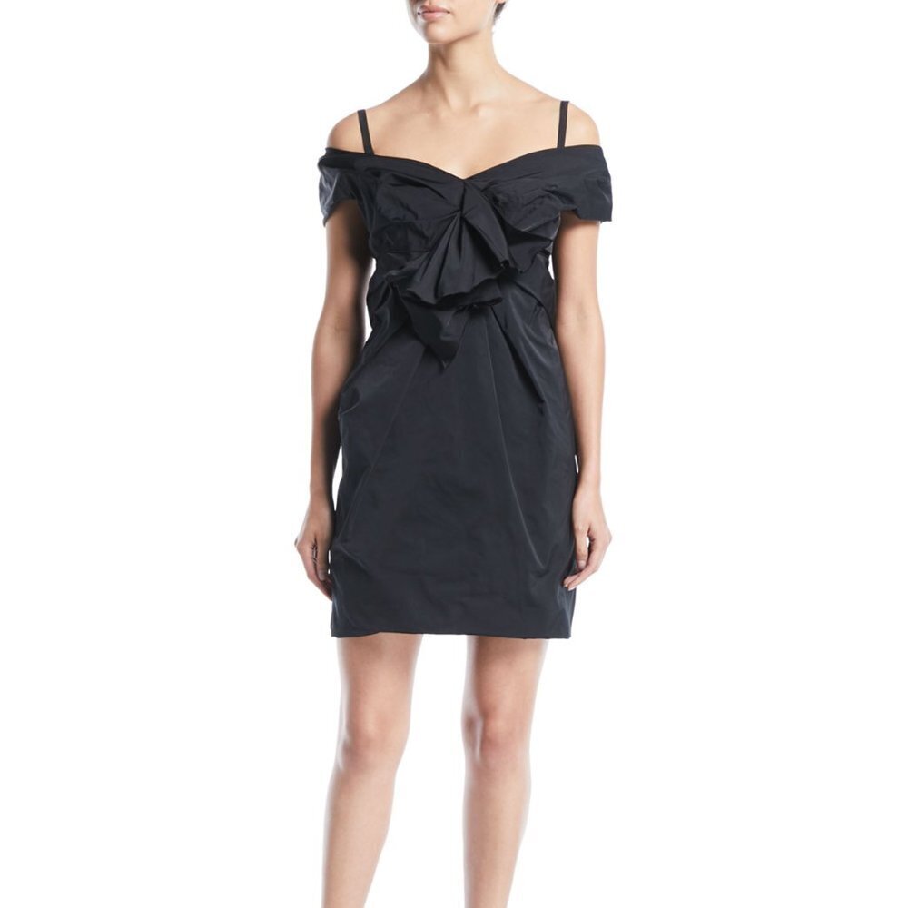 Marc Jacobs Off-Shoulder Gathered Mini Silk Black Dress with Bow Detail Size 6
